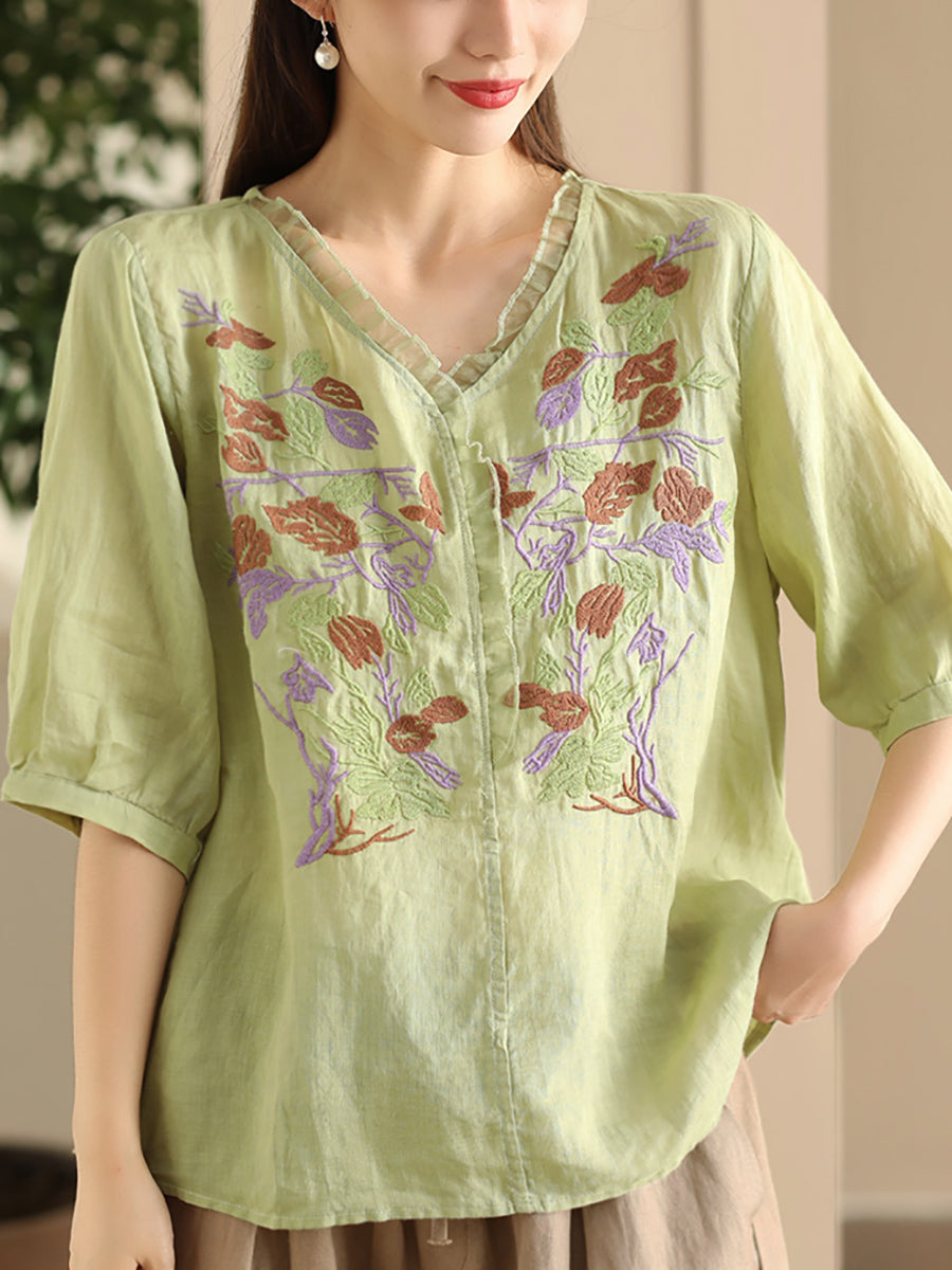 Women Summer Vintage Flower Embroidery Lace Ramie Shirt FD044 CTJY