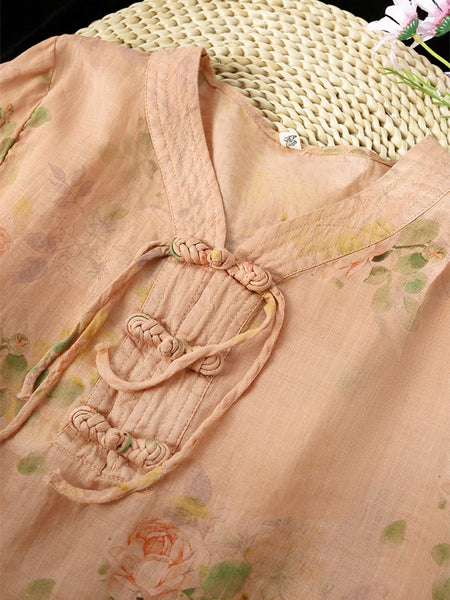 Women Summer Vintage Flower Buckle V-Neck Ramie Shirt HH014 BUYKUD