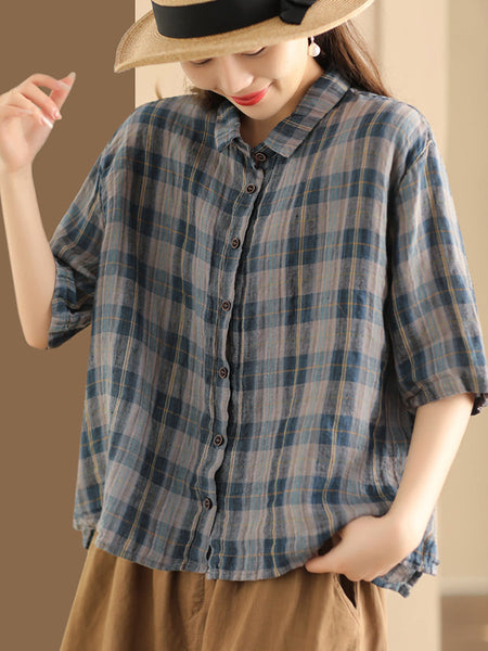 Women Artsy Plaid Summer Button-up Linen Shirt KL1012 Ada Fashion