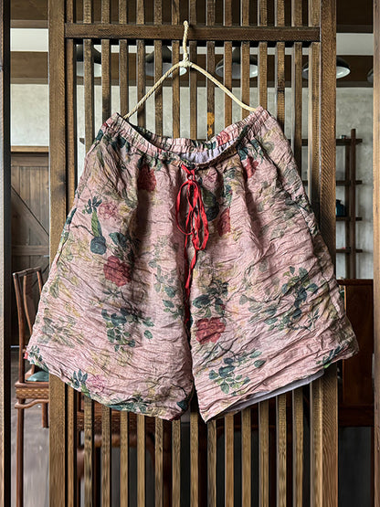 Women Summer Vintage Flower Loose Ramie Shorts RR1024 BUYKUD