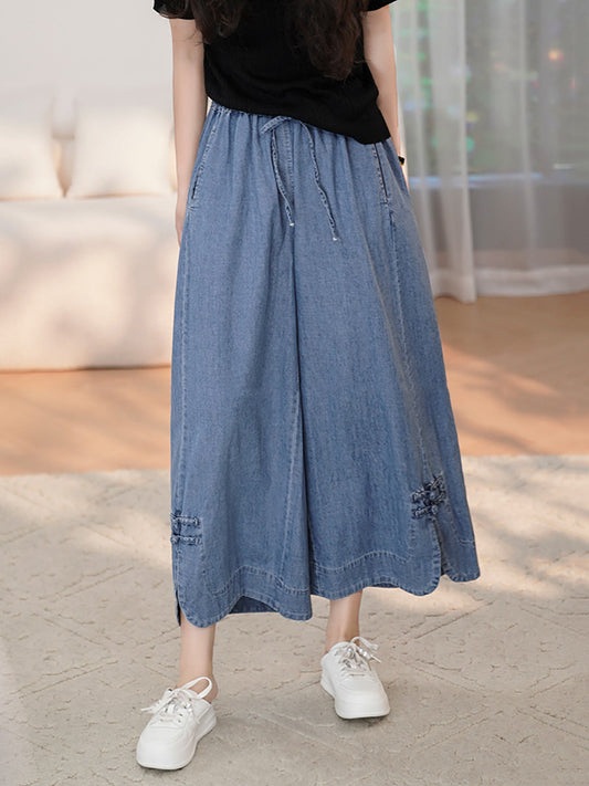 Women Summer Vintage Buckle Wide-leg Denim Pants CX031 DYL