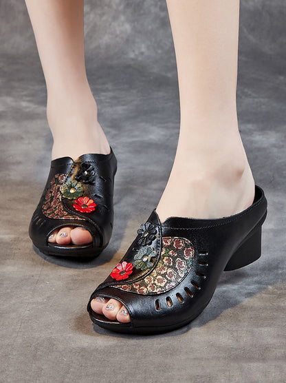 Women Summer Vintage Leather Flower Mid-Heel Sandals OO1050 MXXZ