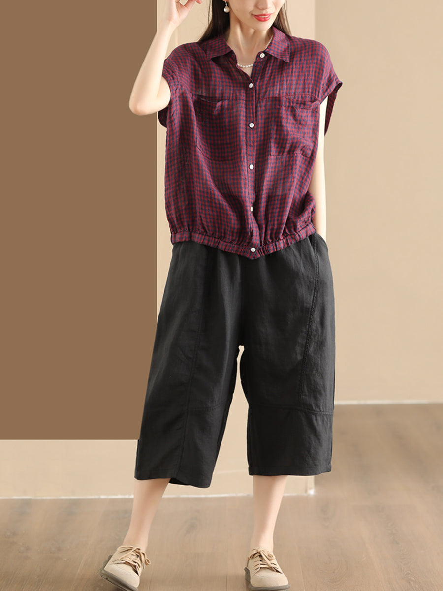 Women Summer Casual Plaid Button-up Linen Shirt HH013 BUYKUD