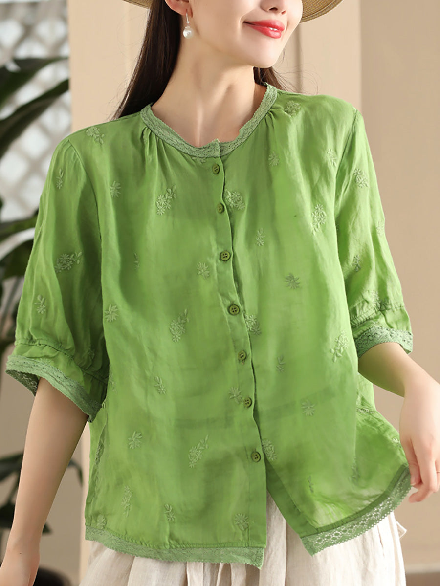 Women Summer Vintage Embroidery Button-up Ramie Shirt CX007 ZMMM