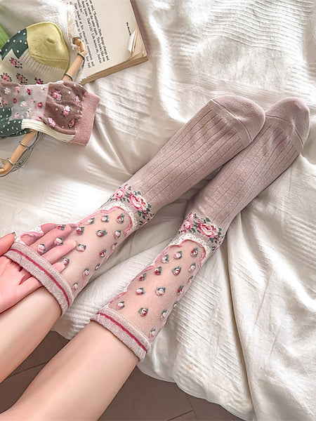 3 Pairs Women Artsy Floral Thin Socks FD037 BUYKUD