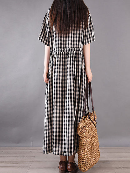 Women Summer Vintage Plaid Strap Linen Cotton Dress CV1036 Ada Fashion