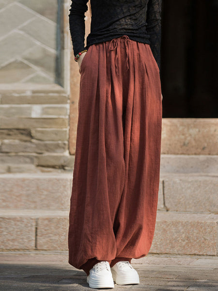 Women Autumn Vintage Solid Ramie Loose Bloomers AV1057 Genistyle Shop