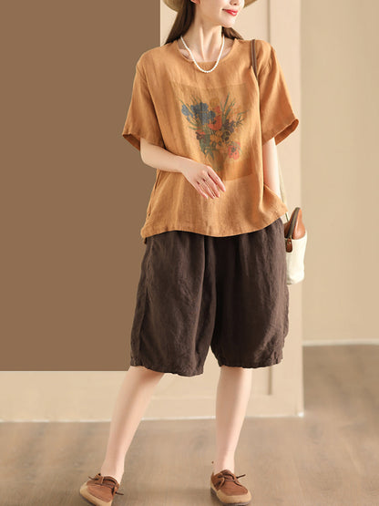 Women Summer Casual Flower Linen Pullover Shirt TY1022 Ada Fashion