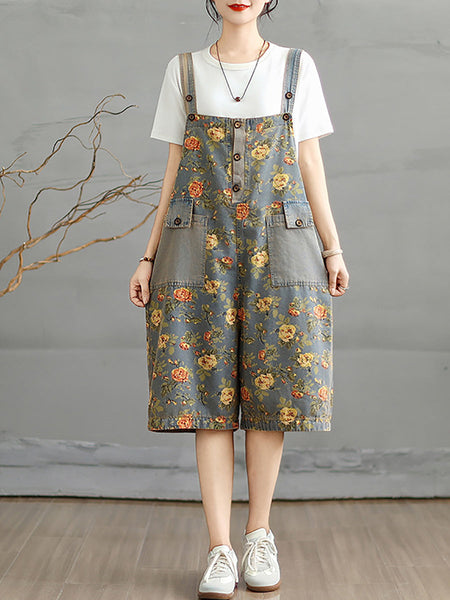 Denim Jumpsuits Short Artsy Women Flower Summer FashionChic