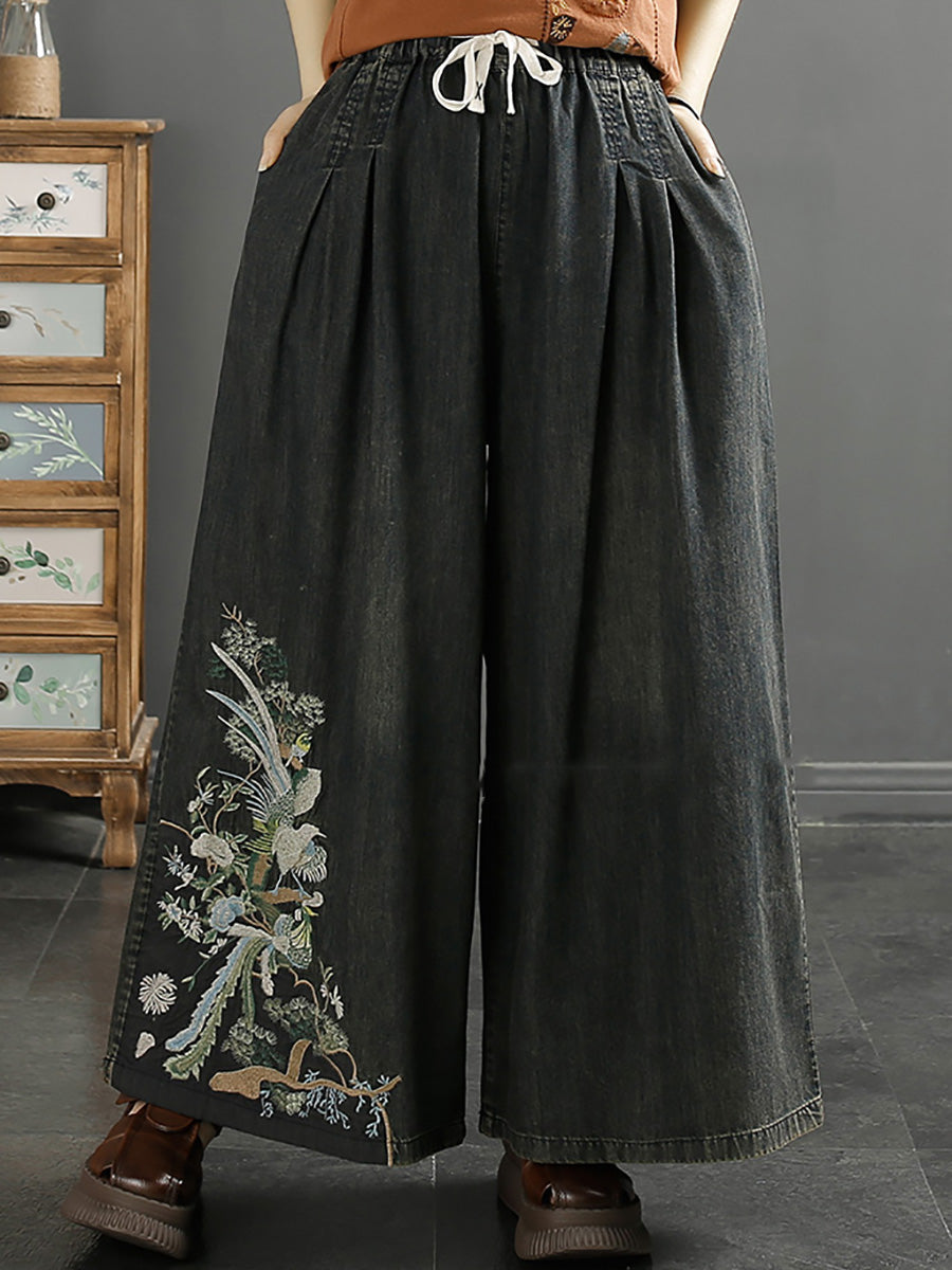 Women Vintage Ethnic Embroidery Wide-leg Denim Pants CO1052 Ada Fashion