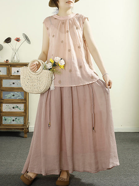 Women Summer Artsy Embroidery Stand Collar Ramie Vest HH021 LPP