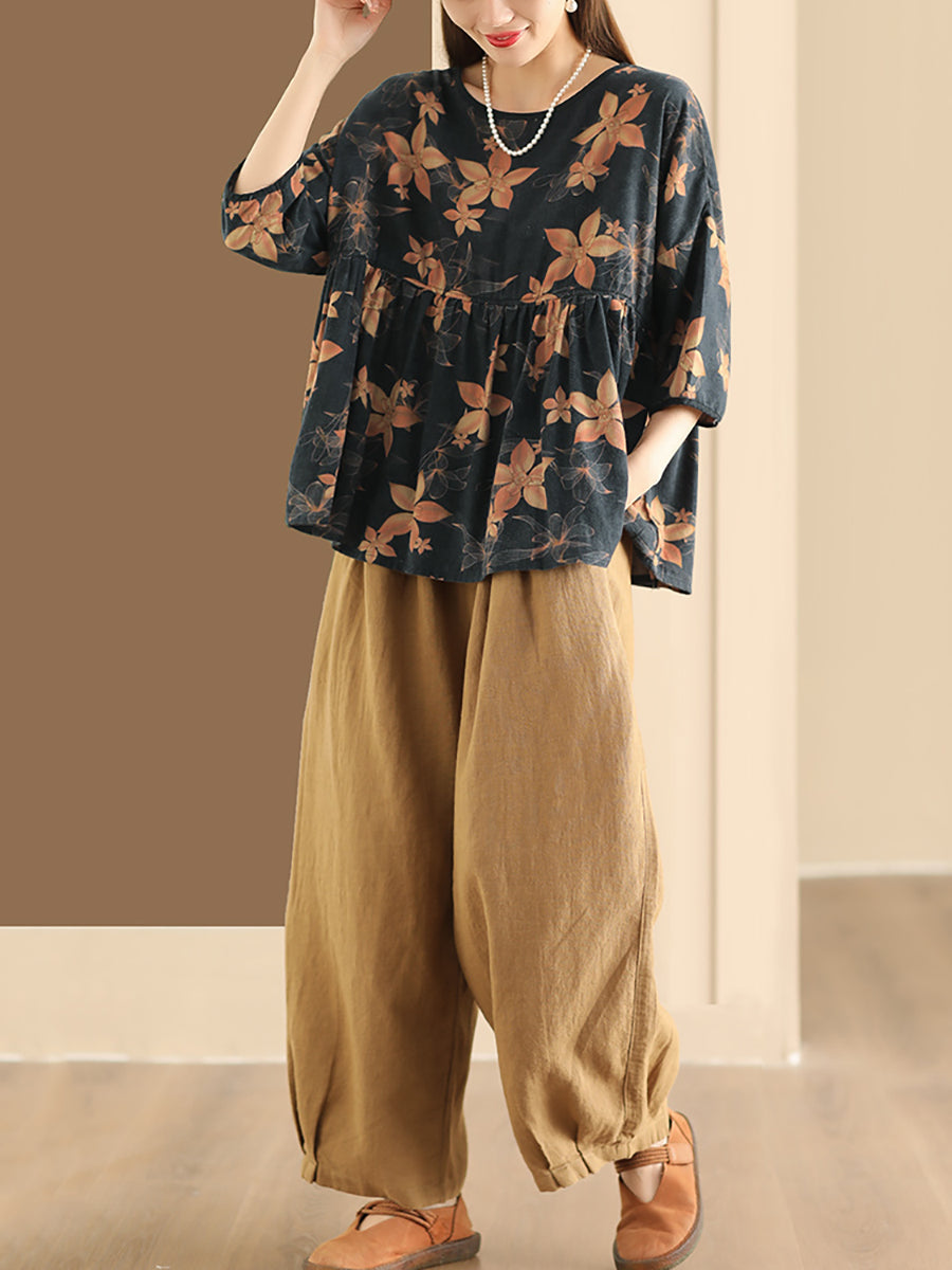 Women Summer Vintage Flower Spliced Loose Shirt XX1047 Ada Fashion