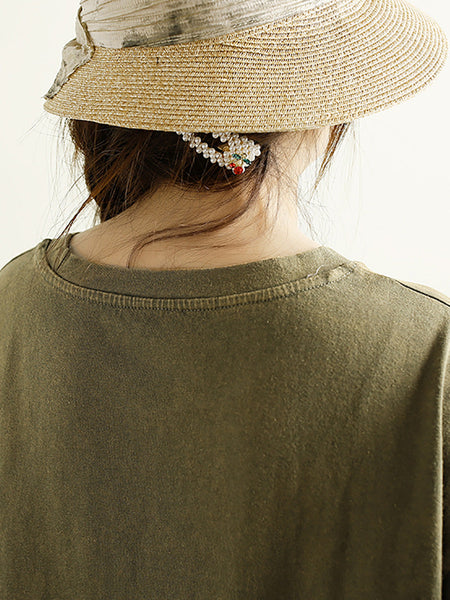 Women Summer Vintage Patch Spliced O-Neck Cotton Shirt HH039 ZMMM