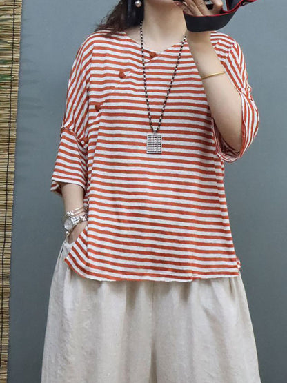 Plus Size Women Summer Vintage Stripe Linen Shirt SC1027 Ada Fashion