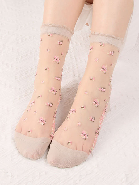 8 Pairs Women Summer Floral Jacquard Thin Socks LL007 BUYKUD