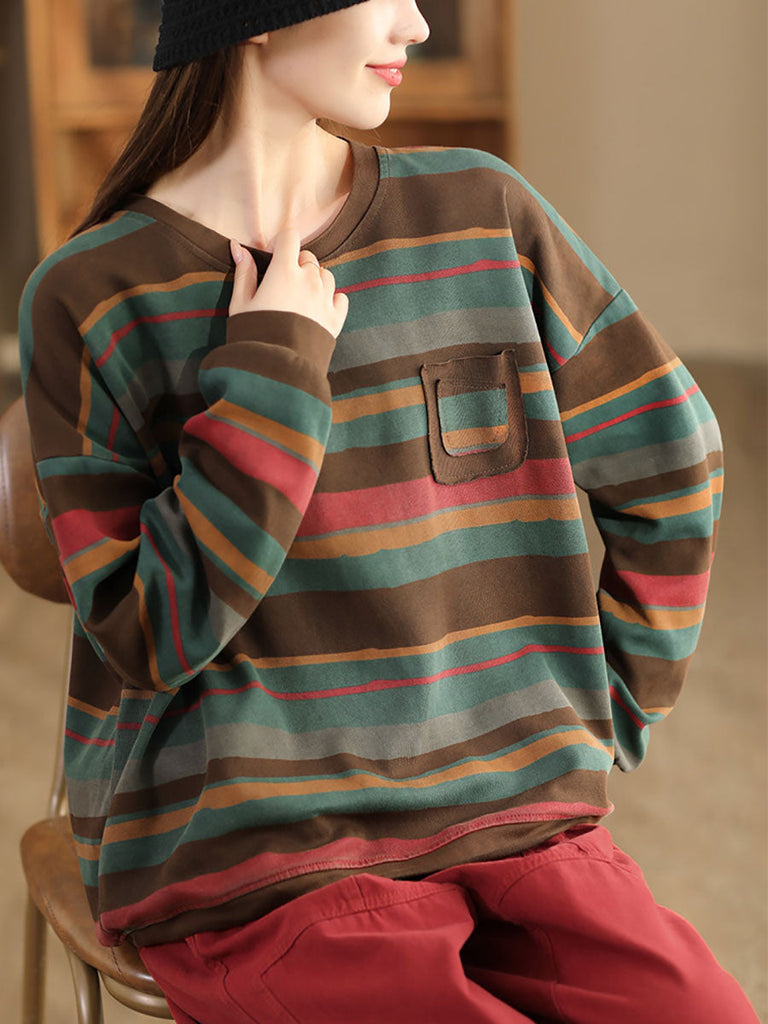 Women Casual Autumn Colorblock Stripe O-Neck Cotton Sweatshirt AI1027 YYMY