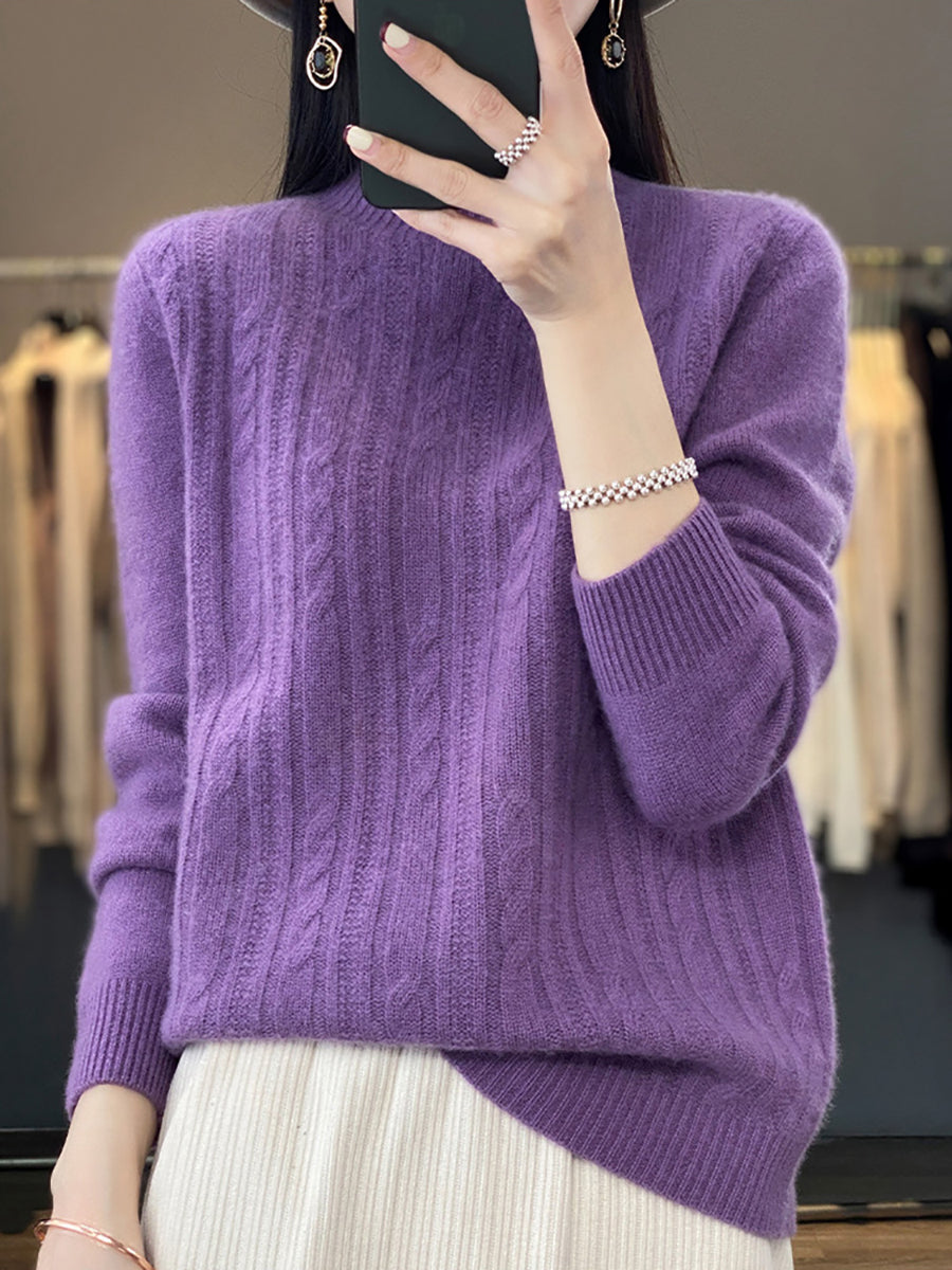 Women Autumn Solid Cable Knit 100%Wool Half Turtleneck Sweater QN027 BK