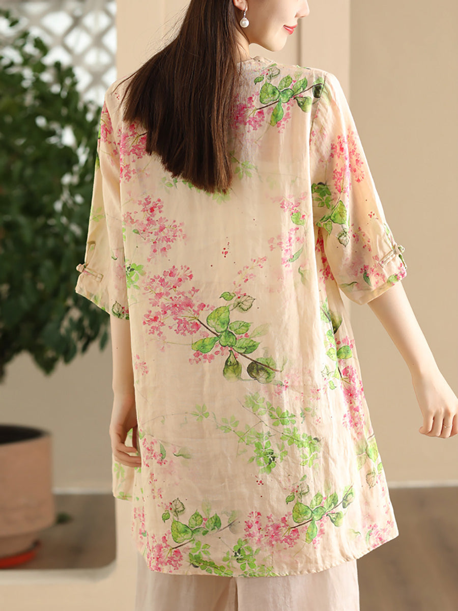 Women Summer Vintage Flower Buckle Ramie Long Shirt LL039 BUYKUD