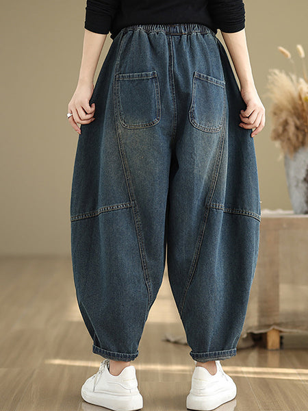 Women Autumn Vintage Denim Spliced Harem Pants QU027 ZMFS