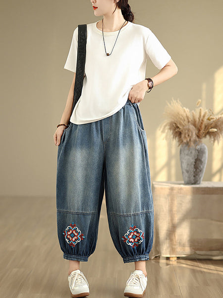Denim Flower Women Pants Harem Embroidery Retro FashionChic