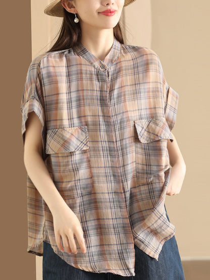 Women Summer Vintage Plaid Button-up Shirt PP1037 XLM