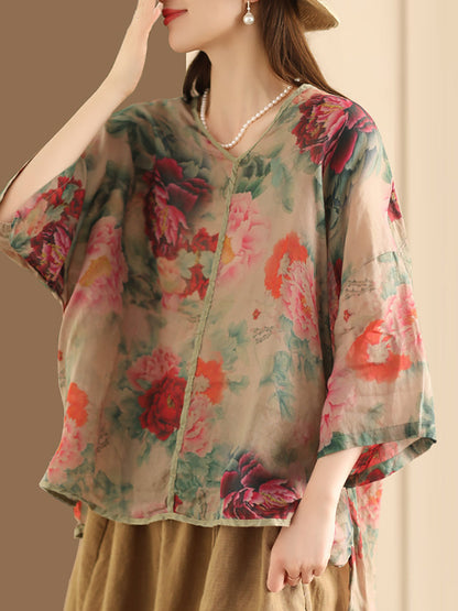 Women Vintage Floral V-Neck Linen Summer Shirt XX1014 Ada Fashion