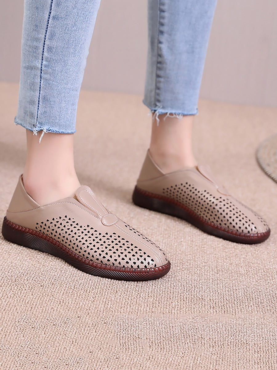 Women Summer Solid Casual Leather Cutout Flat Shoes HH048 HNXZ