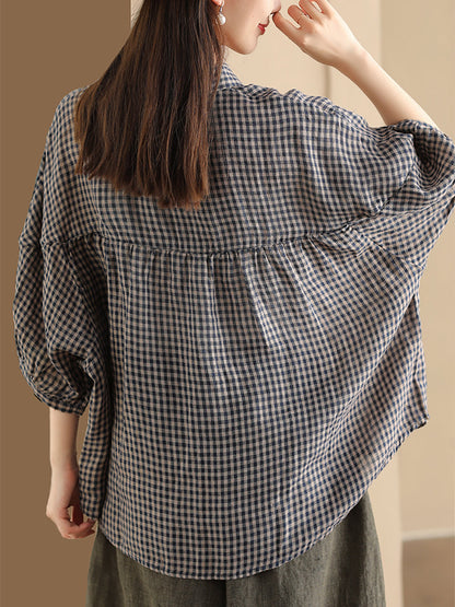 Women Summer Vintage Plaid Button-Up Linen Shirt PP1034 BUYKUD