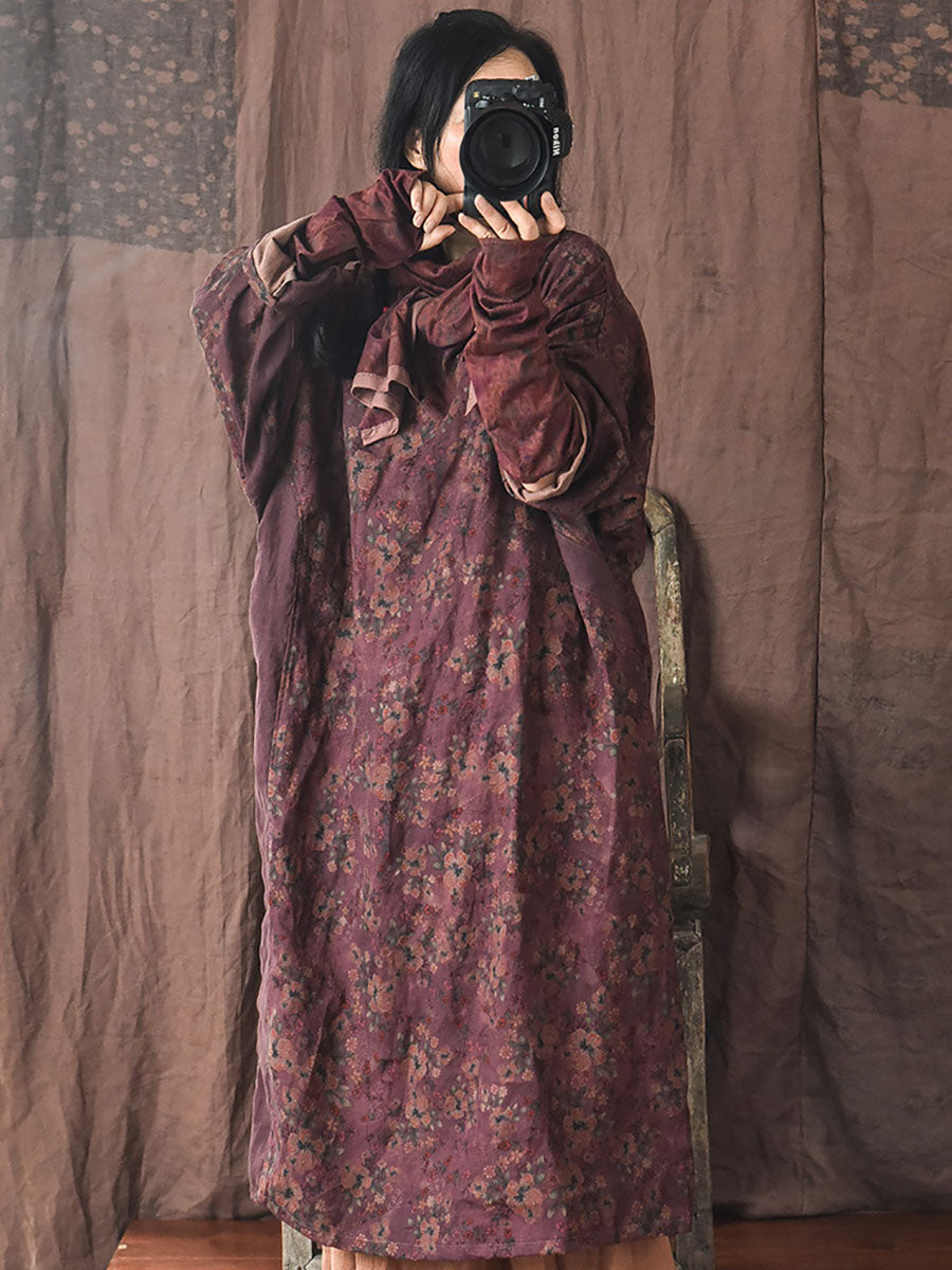 Women Autumn Vintage Floral Spliced Frog Loose Dress AI1042 QYMM