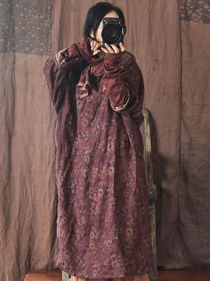 Women Autumn Vintage Floral Spliced Frog Loose Dress AI1042 QYMM