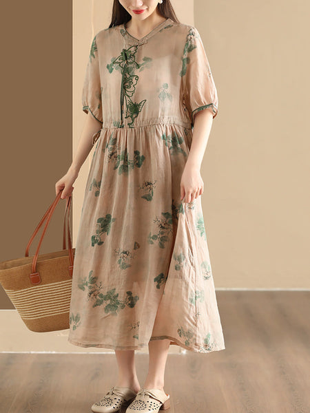 Women Summer Vintage Butterfly Embroidery Ramie Dress PP1036 MDFZ