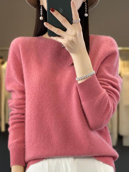 Women Autumn Solid Knit 100%Wool O-Neck Sweater WU023 BK