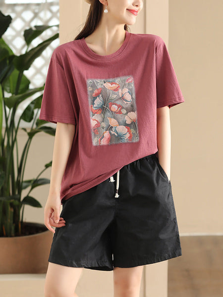 Women Summer Casual Flower Spliced Cotton Shirt CC031 JPFS
