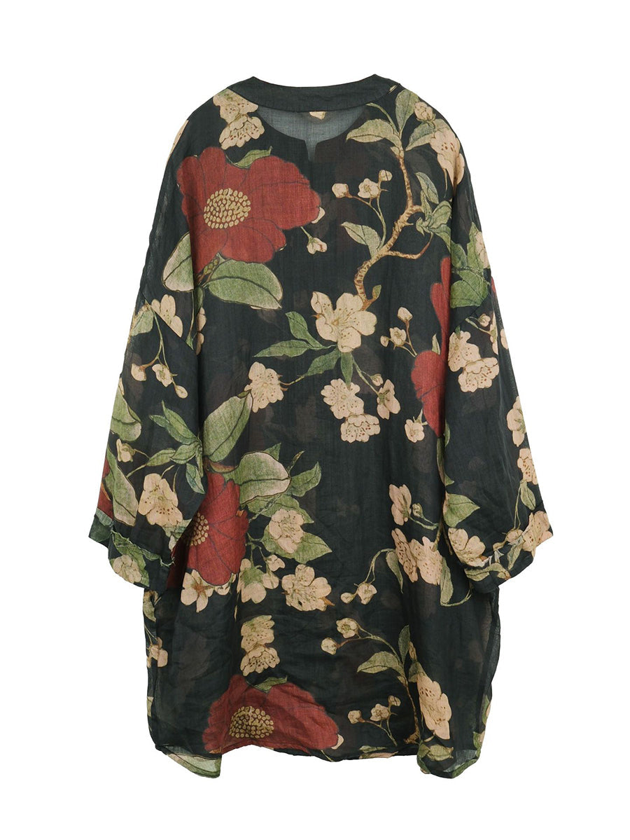 PLus Size Women Vintage Flower Print Ramie Spring Long Shirt AS1032 Ada Fashion