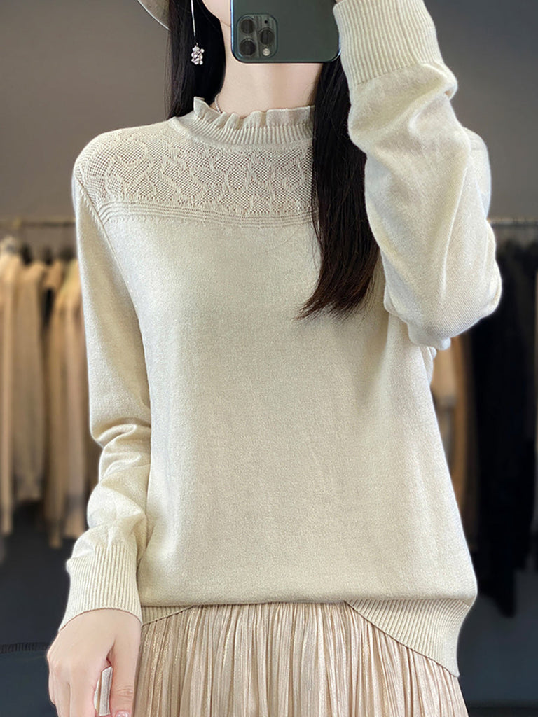 Women Autumn Lacework Neck 100%Wool Loose Sweater QM020 BK