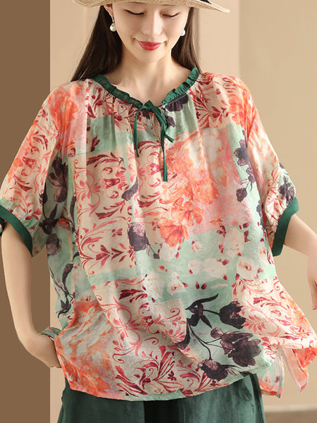 Women Summer Artsy Print Strap Loose Linen Shirt HH046 JLFZ