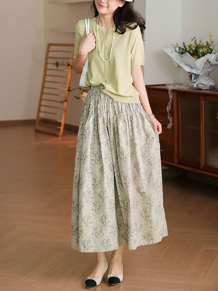 Women Summer Artsy Floral Shirred Cotton Skirt WE1042 Ada Fashion