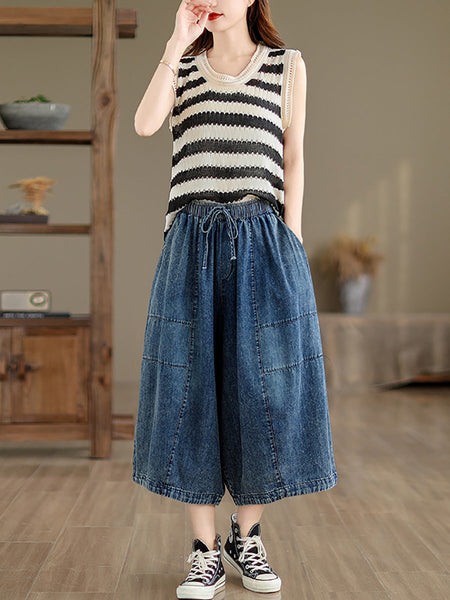 Women Summer Casual Solid Denim Spliced Wide-leg Pants PP1002 BUYKUD