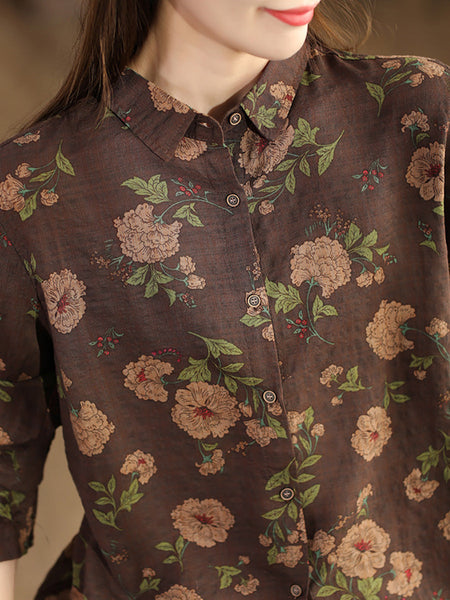 Women Autumn Vintage Flower Button-up Shirt AI1040 BUYKUD