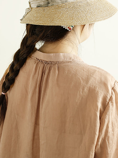 Women Summer Artsy Embroidery Button Ramie Shirt II1043 BUYKUD