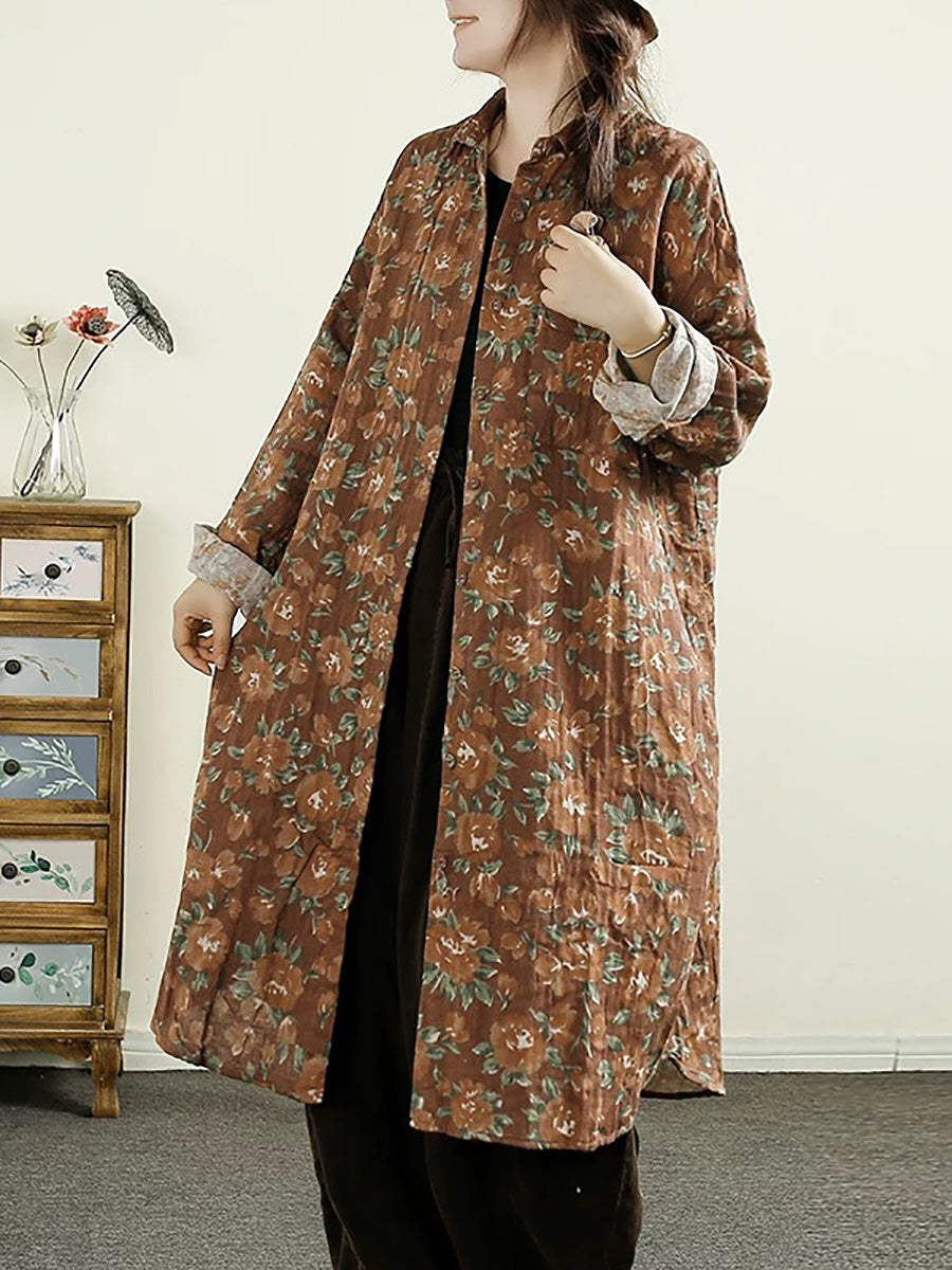 Women Vintage Autumn Flower Button-up Thin Cotton Coat AK1014 Genistyle Shop