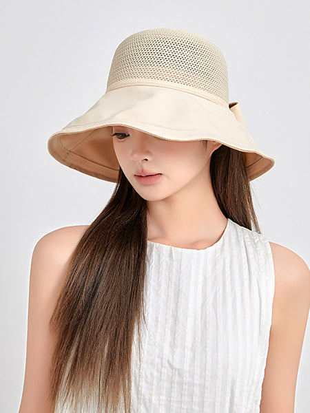 Women Summer Artsy Solid Spliced Bowknot Sunproof Hat CX001 BUYKUD