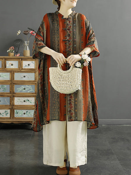 Plus Size Women Summer Stripe Button-up 100%Ramie Shirt Coat KL1032 Ada Fashion