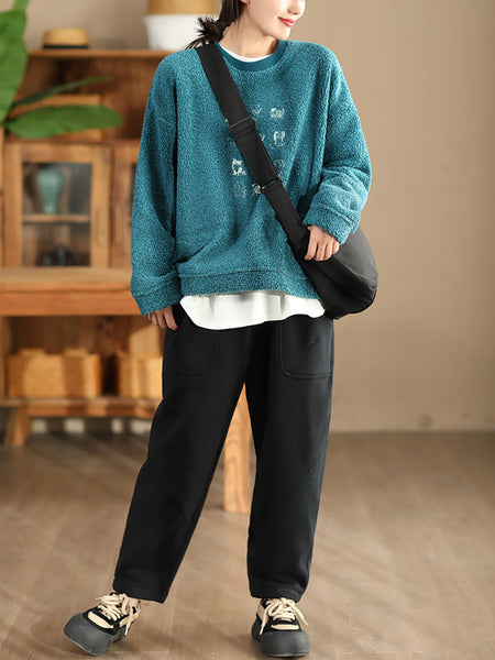 Women Autumn Vintage Cotton Fleece-lined Harem Pants WG014 BK