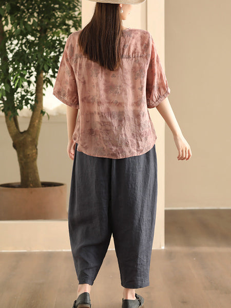 Women Summer Artsy Flower V-Neck Thin Ramie Shirt FD004 BUYKUD