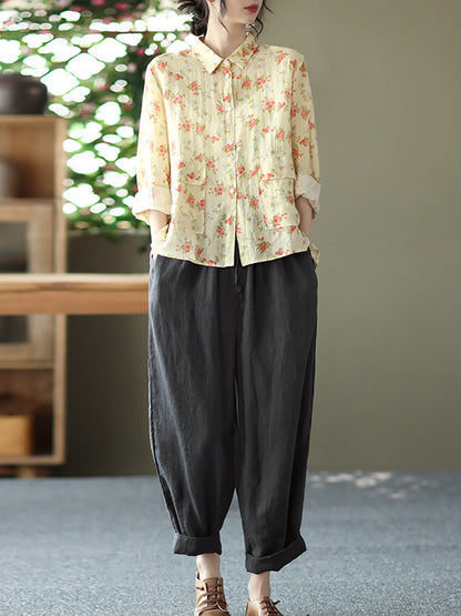 Women Vintage Floral Spring Button Up Ramie Blouse AT1089 BUYKUD