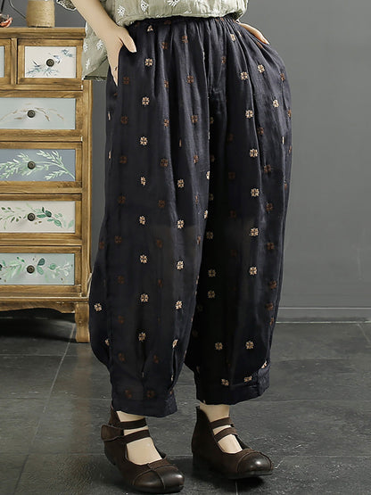 Women Spring Artsy Flower Embroidery Ramie Harem Pants KL1009 Ada Fashion