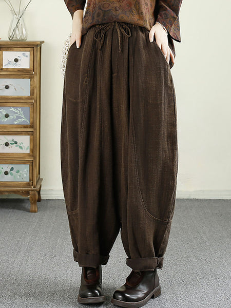 Women Autumn Vintage Solid Pocket Linen Harem Pants AV1031 Genistyle Shop