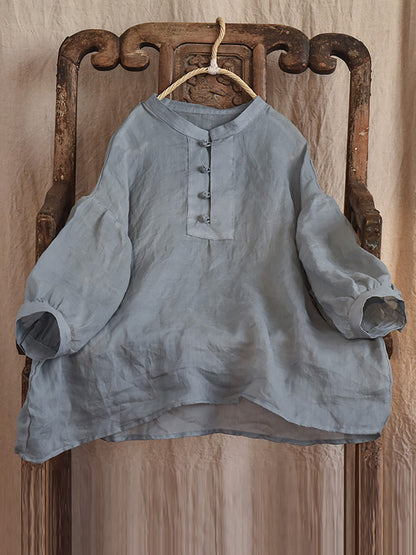 Women Vintage Solid 100%Ramie Summer Loose Shirt AS1047 QYMM