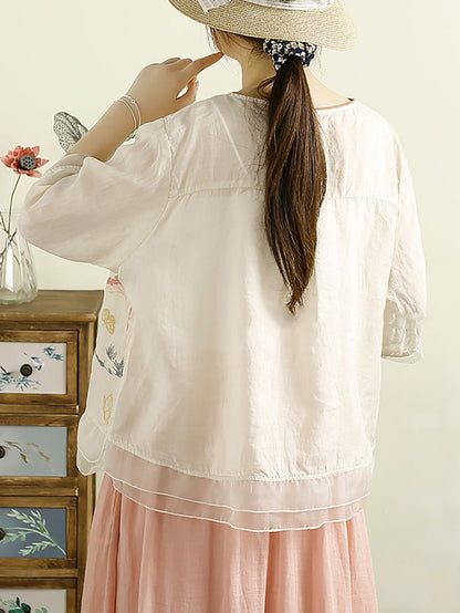 Women Vintage Summer Embroidery Ramie O-Neck Shirt OO1007 BUYKUD